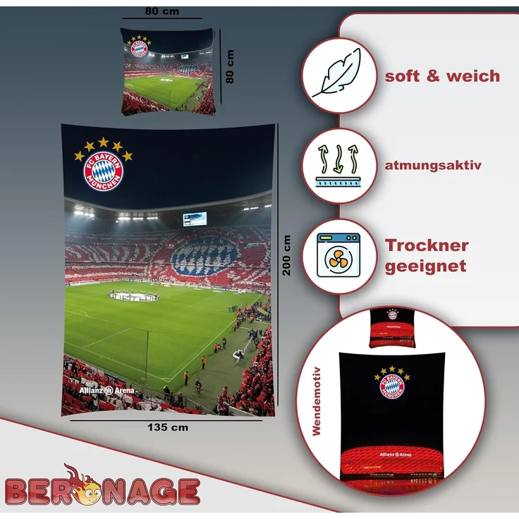 BERONAGE Kinderbettwäsche FC Bayern München Bettwäsche Allianz Arena Linon / Renforcé, 2 teilig, 135x200 + 80x80 cm – Bild 2