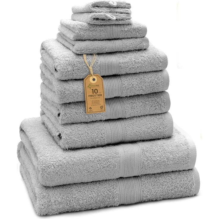 Green Mark Handtuch-Set mit 10 Teilen – 100% Baumwolle – 4 Handtücher 50×100 cm, 2 große Duschtücher 70×140 cm, 2 Gästetücher 30×50 cm und 2 Waschhandschuhe – Silbergrau