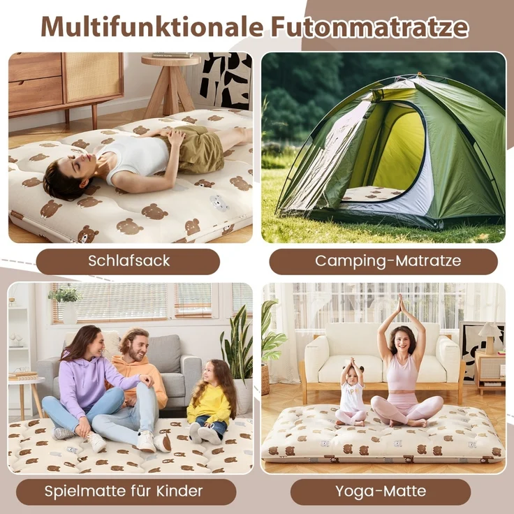 140 x 200 cm Japanische Futon Matratze mit Waschbarem Bezug & Tragetasche Tatami-Matte Braunbär – Bild 3