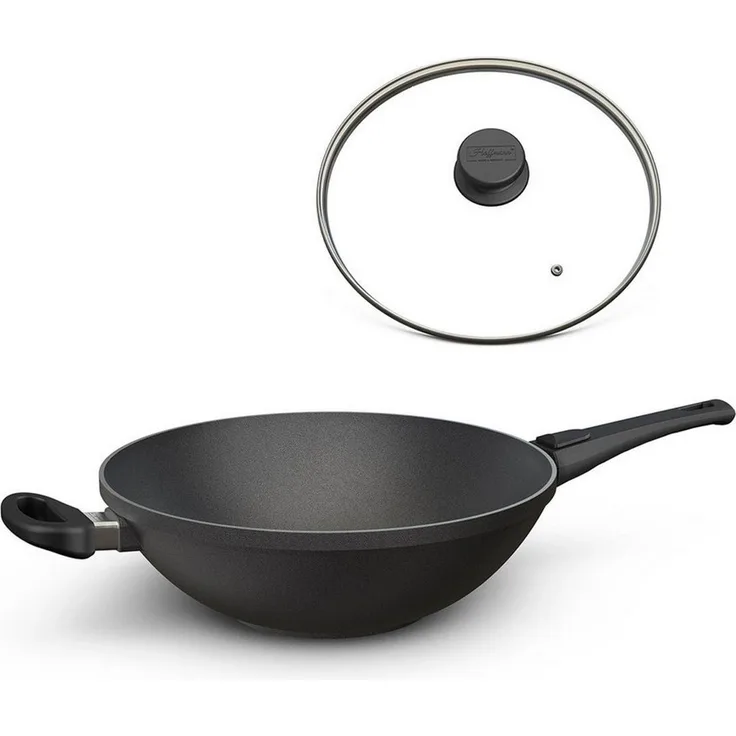 Hoffmann Germany Wok Wokpfanne Aluguss Induktion Ø 32 cm mit Glasdeckel – Made in Germany, Aluguss (Set, 2-tlg, 1x Wok Ø 32 cm + 1x Glasdeckel), abnehmbarer Griff, Antihaft, backofenfest bis 240°C, Induktion
