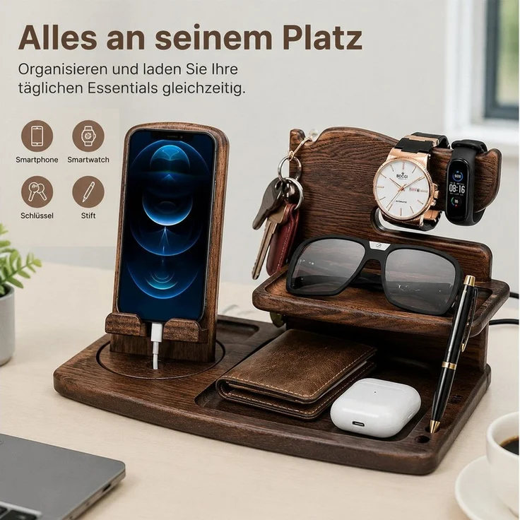 AIMAX Organizer Drehung Handy-Halterung, Holz Telefon Dockingstation, Büro organizer (Ladestation Schreibtischaufsatz, Bürobedarf, Büro Gadgets Tischaufsatz, 1 St, Uhren Geldbörsen Nachttisch/Schreibtisch Organizer Holz, Stiftehalter), Geschenke für Mä... – Bild 3