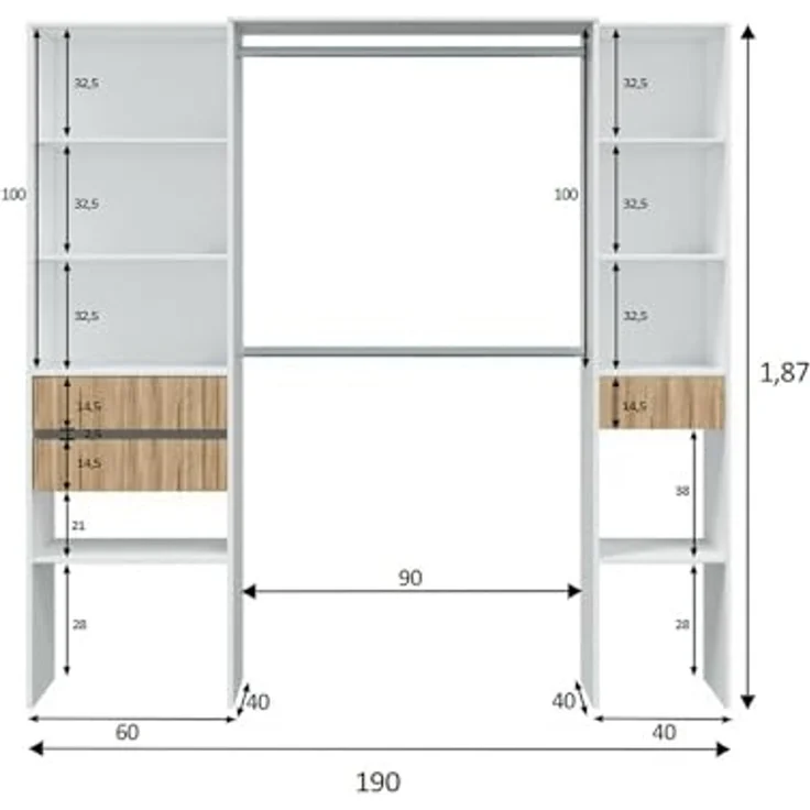 Dmora - Kleiderschrank Worland, Schlafzimmermöbel, Kleiderbügel mit Regalen und 3 Schubladen, 196 x 40 x 187 cm, Weiß und Eiche – Bild 2