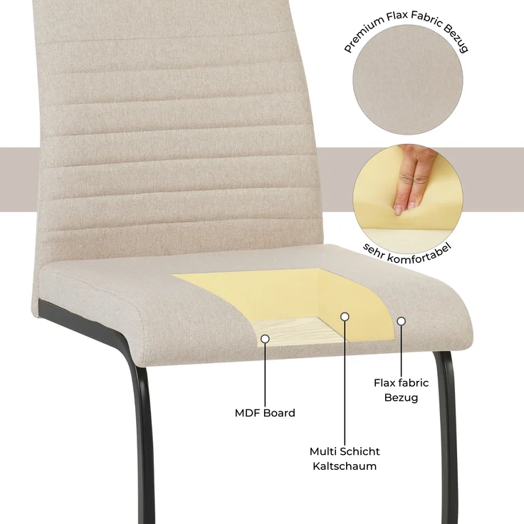 ALBATROS Freischwinger Stuhl TURANO 4er Set, Beige- Esszimmerstuhl Schwingstuhl mit Modernem Design, Stoff-Bezug, Dicke Polsterung - Küchenstuhl, Polster-Stuhl Esszimmer, Esstisch Stuhl – Bild 5