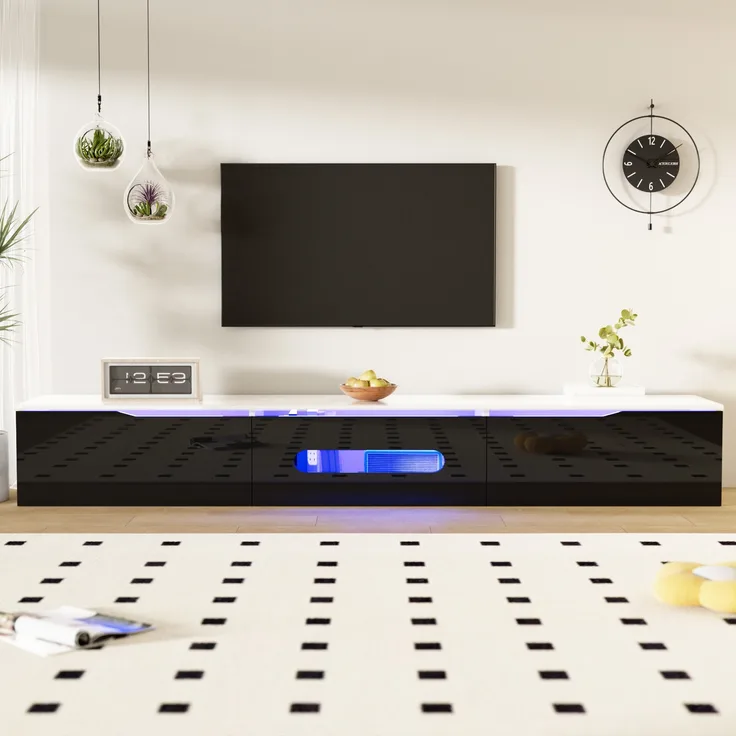 TV-Schrank 180x35x30 cm, Schwarz-Weiß Hochglanz, mit app-gesteuerter LED-Beleuchtung