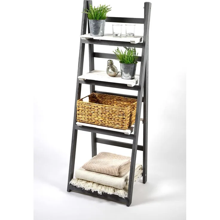 Kobolo Regal Leiterregal im Used Look - WHITE GREY - 4 Böden - Weiß-Grau