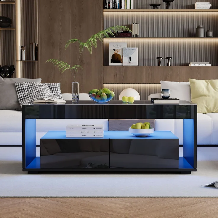 LED Couchtisch Schwarz 100×50×40 cm, Hochglanz Wohnzimmertisch mit Glasplatte, 2 Schubladen, Beleuchtung 16 Farben – Bild 5