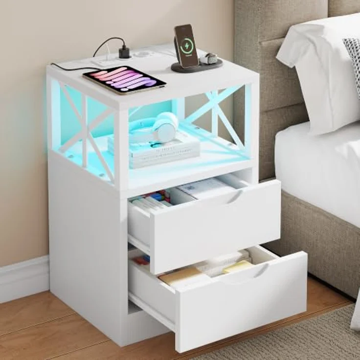 Feonase Nachttisch, Beistelltisch mit Schublade, Nachtschrank mit 2 Schubladen und 1 Fach, Nachttische mit LED-Beleuchtung, 2 AC-Steckdosen und 2 USB-Anschlüssen, für Schlafzimmer, Wohnzimmer, Weiß – Bild 7