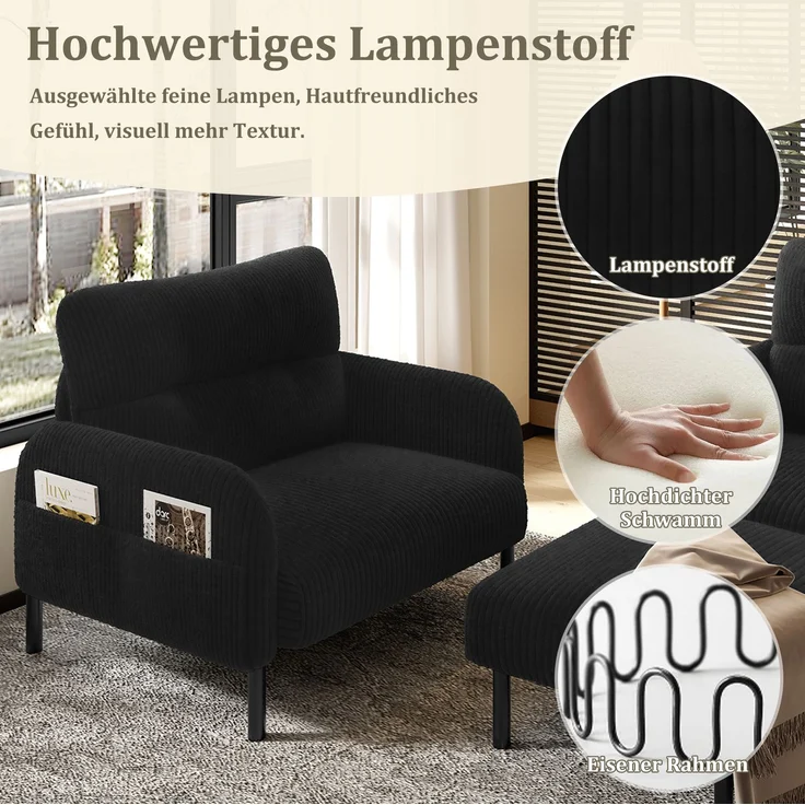 Sofa-Set 120x75x79 cm aus Cord mit Sessel und Hocker – 3-teilig, flexibel kombinierbar – Bild 3