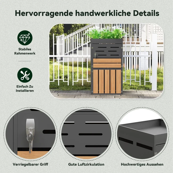 Flieks Outdoor Mülltonnenbox mit Pflanzablage, Einzelne 66×80×128 cm, 1-türiger Outdoor Aufbewahrungsschrank aus Stahl, anthrazit – Bild 7