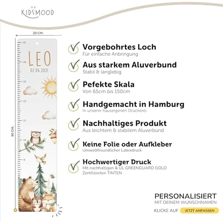 Kidsmood - Personalisierte Messlatte Kinder Aluverbund – Hochwertige Messleiste & Wand-Deko für Kinderzimmer mit liebevollem Fröhliche Waldtiere – Tolles Geschenk zur Geburt- (65-140cm) – Bild 6