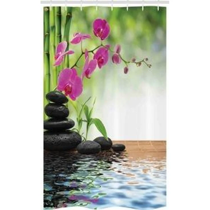 Abakuhaus Duschvorhang Badezimmer Deko Set aus Stoff mit Haken Breite 120 cm, Höhe 180 cm, Spa Bambus-Baum Orchid Steine – Bild 4