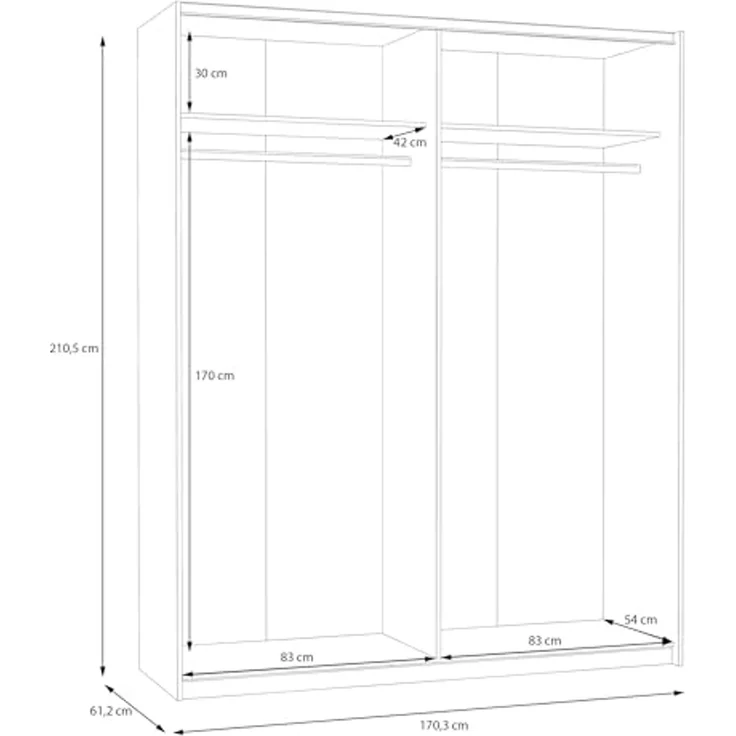 Forte Schach & MATT 2 weißer Kleiderschrank 170 180, moderner Schwebetürenschrank, 2-türig, Holzwerkstoff, Weiß Matt, 170,3 cm breit x 210,5 cm hoch x 61,2 cm tief – Bild 7