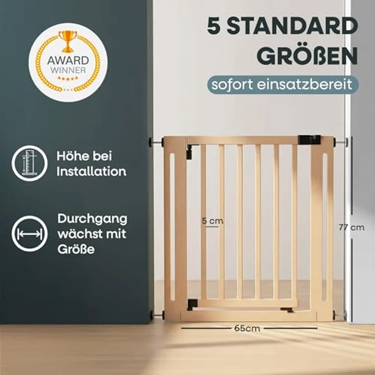 Safetots Naturholz Elegance Treppenschutzgitter, Natur, 87cm - 95cm, Druckmontage Sicherheitsgitter, 65cm Extra Breite Türöffnung, Einteiliges Extra Breites Gitter für Treppen, Flure und Türen – Bild 5