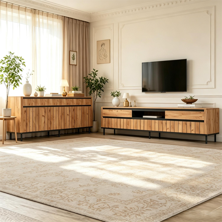 Merax Sideboard (160 x 40 x 73 cm) + viertüriger TV-Schrank (180 x 40 x 52 cm) in Naturholzfarbe mit schwarzen Akzenten, geeignet für einen 75-Zoll-Fernseher – Bild 7