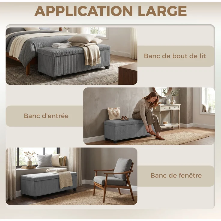 Aufbewahrungsbank aus Cord mit Deckel, für Wohnzimmer, Schlafzimmer, Flur, 112 x 42 x 40 cm, grau – Bild 10