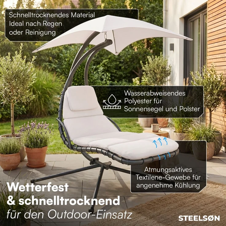 STEELSØN 'Nyria' Schwebeliege mit Sonnenschirm, Hängeliege mit Sitzpolstern, wetterfest, bis 120 kg belastbar, beige – Bild 6