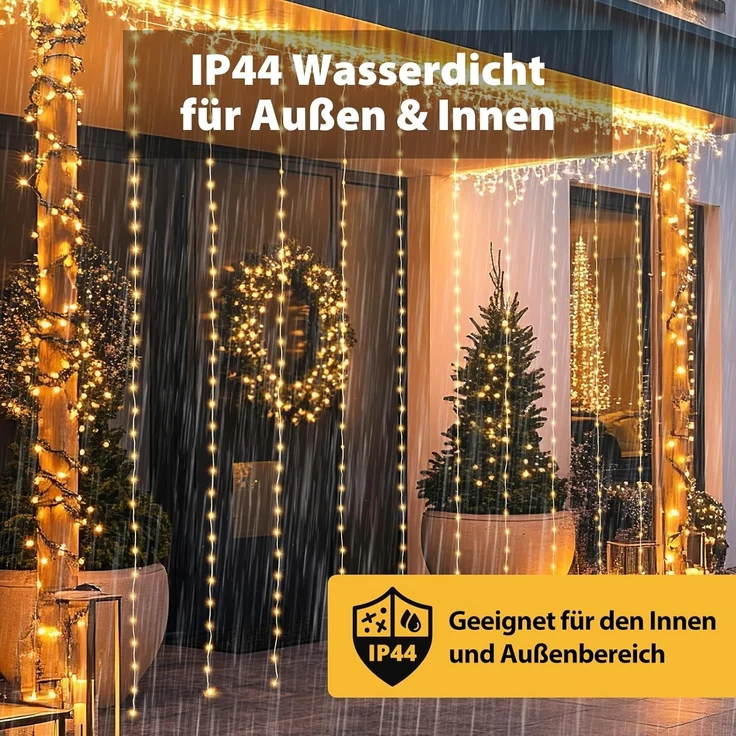 Salcar LED-Lichterkette, 8 Modi, Vorhang Innen&Außen, 300 LED, Kupferdraht Warmweiß, 3x3 m – Bild 3