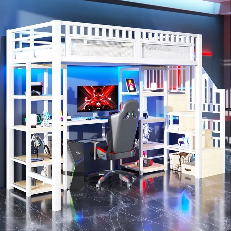 Odikalo Hochbett Kinderbett Jugendbett 90x200 140x200 mit LED und Schreibtisch (Eisenrahmen, Ablagefach, Leiter mit Stauraum, Schreibtisch, LED-Lichtleiste, USB-Anschluss inklusive, ohne Matratze, schwarz / weiß)