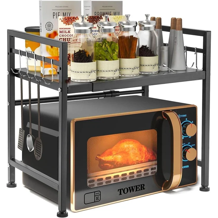 Mikrowellenregal aus Kohlenstoffstahl 2-stufig Organizer mit 10 Haken, Schwarz – Bild 1