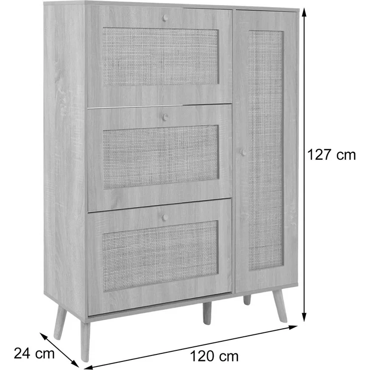 Rattan-Schuhkipper HWC-M37, Schuhregal Schuhschrank, 3 Kippfächer 2 Regalböden 127x120x24cm Holz Melamin ~ Eiche-Optik – Bild 3