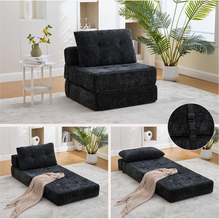 LVHOM Schlafsofa mit Schlaffunktion und Kissen, tragbares Klappsofa mit Rückenlehne, bis 200kg, für Wohnzimmer Büro, Schwarz – Bild 1