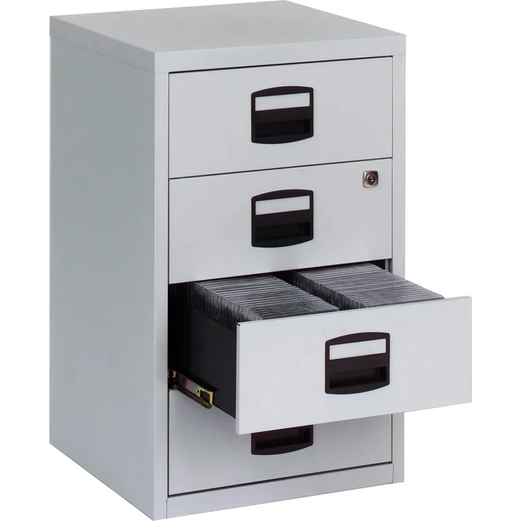 Bisley Home Beistellschrank mit Schloss aus Stahlblech, 4 Universal-Schubladen abschließbar - Büroschrank für DIN A4 Dokumente, Kleinteile & Büromaterial - Farbe: grau/blau, PFA4S-505 – Bild 4