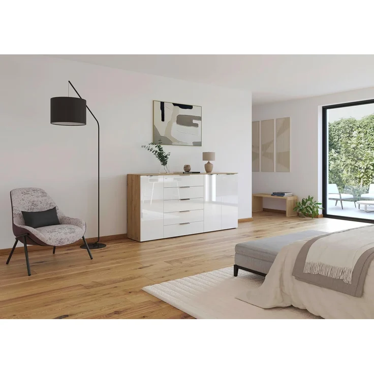Rauch Möbel Flipp, Kombikommode, Kommode mit Stauraum für Wohnzimmer, Schlafzimmer, Flur, 4 Fachböden, Eiche Artisan/Glasfront Weiß, 3-türig, Glastüren, 5 Schubkästen, Griffe chrom, 199 x 100 x 42 cm – Bild 2