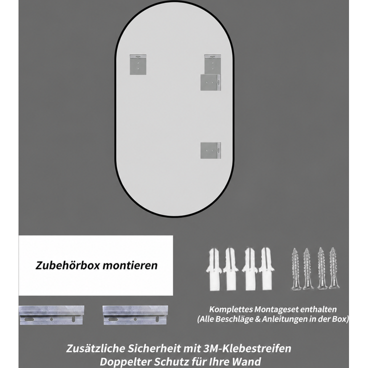 Badspiegel 50x80 cm mit schwarzem Aluminiumrahmen, horizontal oder vertikal montierbar – Bild 6