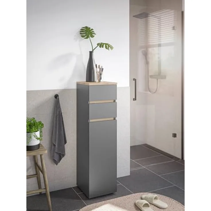 moebel-dich-auf Badkommode LONDRES (Badezimmerschrank Badschrank, mit 1 Tür und 2 Schubkästen, BxH 30x108 cm), in kaschmir oder anthrazit, Absetzung: Cremona Eiche