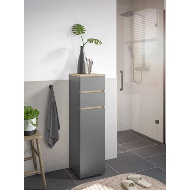 moebel-dich-auf Badkommode LONDRES (Badezimmerschrank Badschrank, mit 1 Tür und 2 Schubkästen, BxH 30x108 cm), in kaschmir oder anthrazit, Absetzung: Cremona Eiche – Bild 1