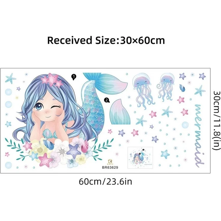 Montegoni Wandtattoo Kinder Wandsticker,Selbstklebende (Wandaufkleber Meerjungfrau,Quallen,Seesterne und Blumen, Deko Kindergarten Home Dekoration), wandtattoo für Mädchenzimmer,Babyzimmer – Bild 3