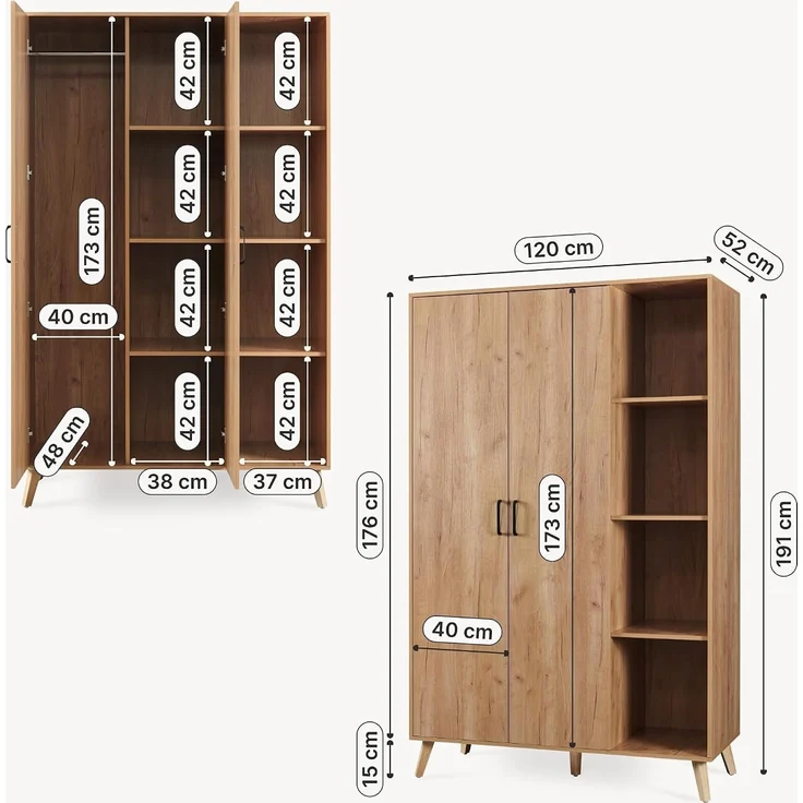 Kleiderschrank Norg 191x120x52 cm 2 Türen 8 Fächer Eicheoptik [en. casa] – Bild 2
