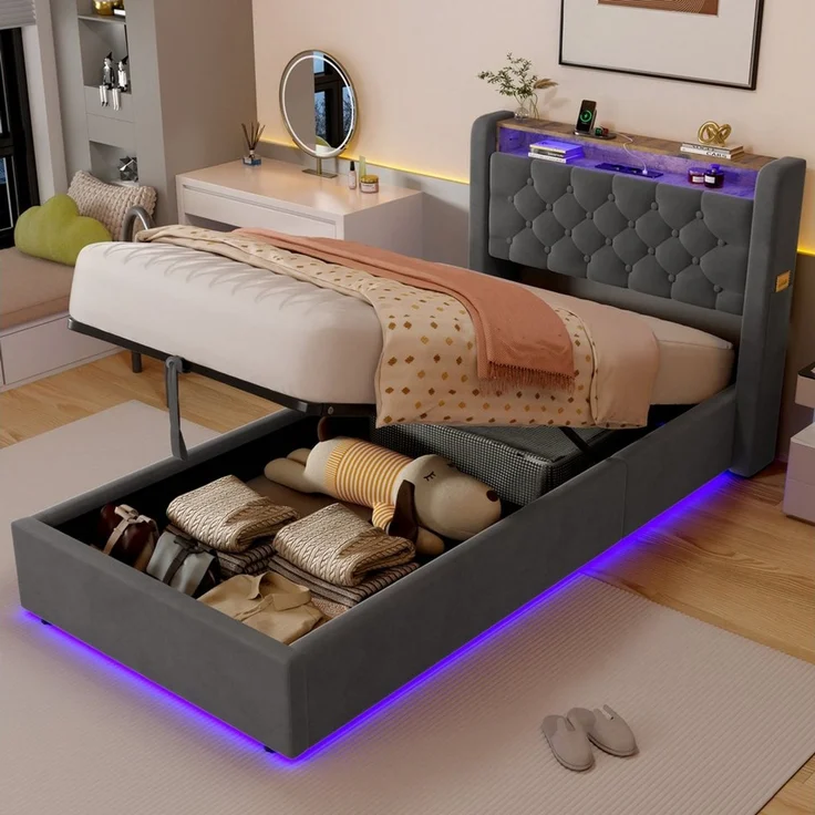 HAUSS SPOLE Polsterbett 90×200 mit LED,Boxspringbett Jugendbett mit Bettkasten und Matratze (Stauraumbett mit Stauraum und klappbarem Kopfteil), mit LED-Ambientelicht für eine angenehme Atmosphäre – Bild 3