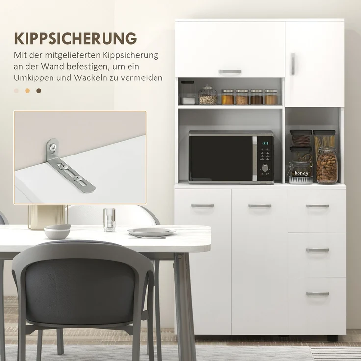Rayofly-Küchenschrank Buffet mit 3 Schubladen & 3 Regalen, viel Stauraum, Weiß, H 168cm x T 89cm x B 39,5cm – Bild 9