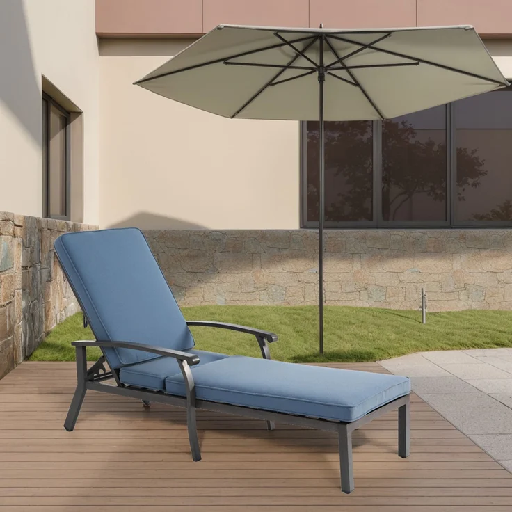 Lounge Gartenstuhl mit verstellbarer Rückenlehne, Aluminium Rahmen, bronzefarbene Pulverbeschichtung, Baumwollkissen blau – Bild 2