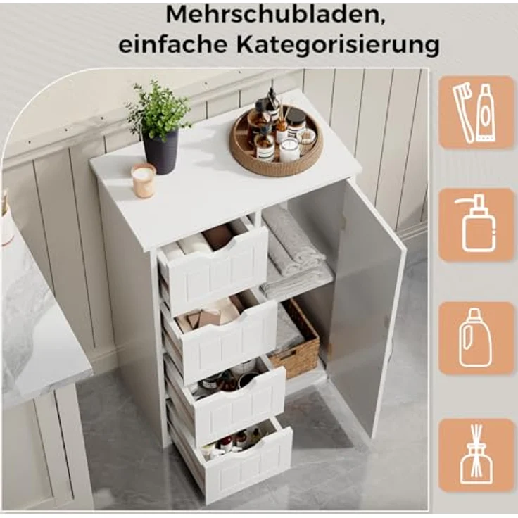 Sweetcrispy Badezimmerschrank 24 Inches Hoch Modern, mit 4 Schubladen & 1 Tür, Hochglanz Weiß mit Einboden & Großem Stauraum, Schmale Badkommode, Badezimmer Kommode – Bild 5