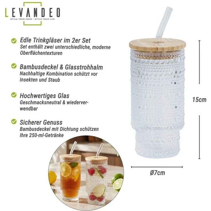 Levandeo® Glas, 2er Set Trinkglas Deckel Strohhalm 250ml Bambusdeckel Trinkbecher – Bild 3