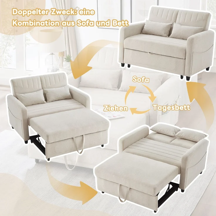 2-Sitzer Schlafsofa ausziehbar Baumwoll-Leinen, verstellbare Rückenlehne, Doppelbett Sofa für Wohnzimmer,Beige – Bild 7