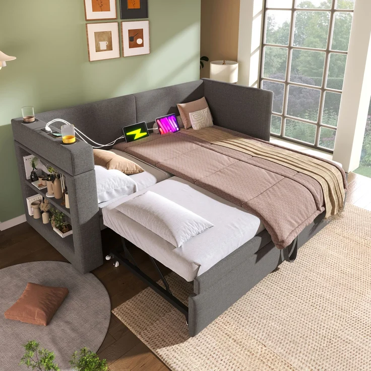 Schlafsofa 90x200 cm Ausziehbett mit Armlehne, USB/Typ-C Ladebereich, Getränkehalter & Stauraum – Bild 4