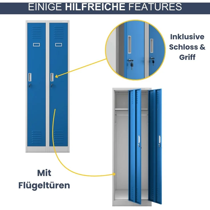 Umkleideschrank Spind WIEN - 2 Abteile, Etikettenhalter Lüftungsschlitze | Umkleidespind Metall Schließfachschrank Garderobenspind, 180x60x50cm Grau-Blau – Bild 5