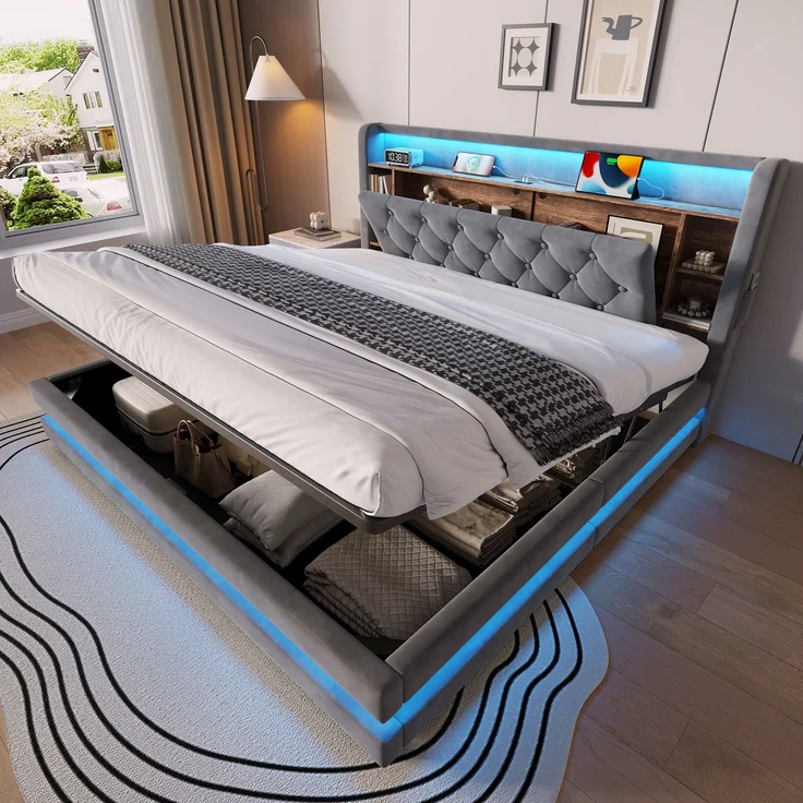 TavilaEcon Boxspringbett Samtbett, Polsterbett mit LED-Beleuchtung & USB-Ladefunktion grau Liegefläche 180 × 200 cm – Bild 1