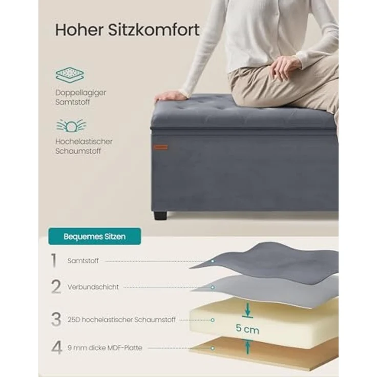 SONGMICS Sitzbank Sitzhocker mit Stauraum, Sitzbank mit Beinen, Fußbank – Bild 5
