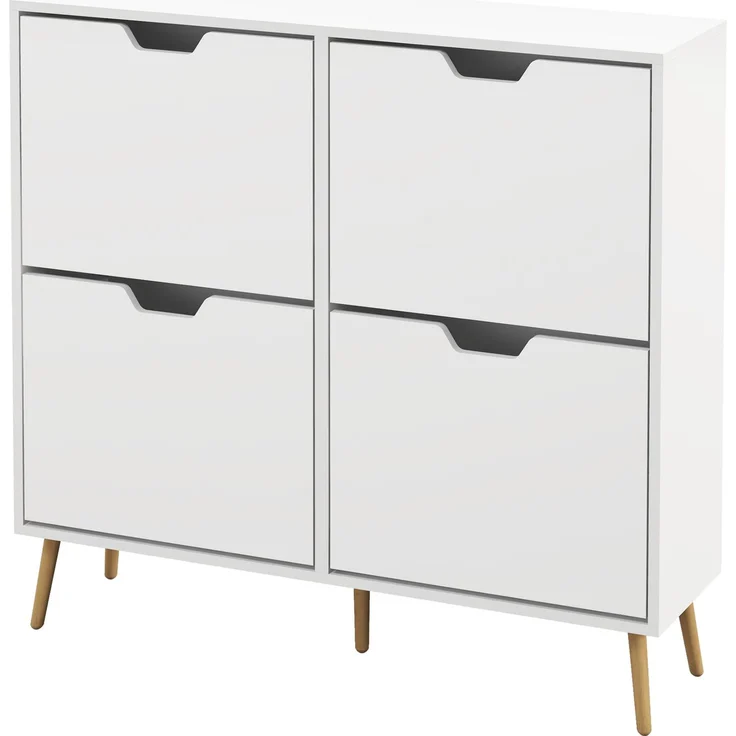 Schuhschrank mit 4 Klappen für 16 Paar Schuhe, mit verstellbarem Einlegeboden, Füße aus Kiefernholz, 95 x 26 x 95 cm, weiß – Bild 2