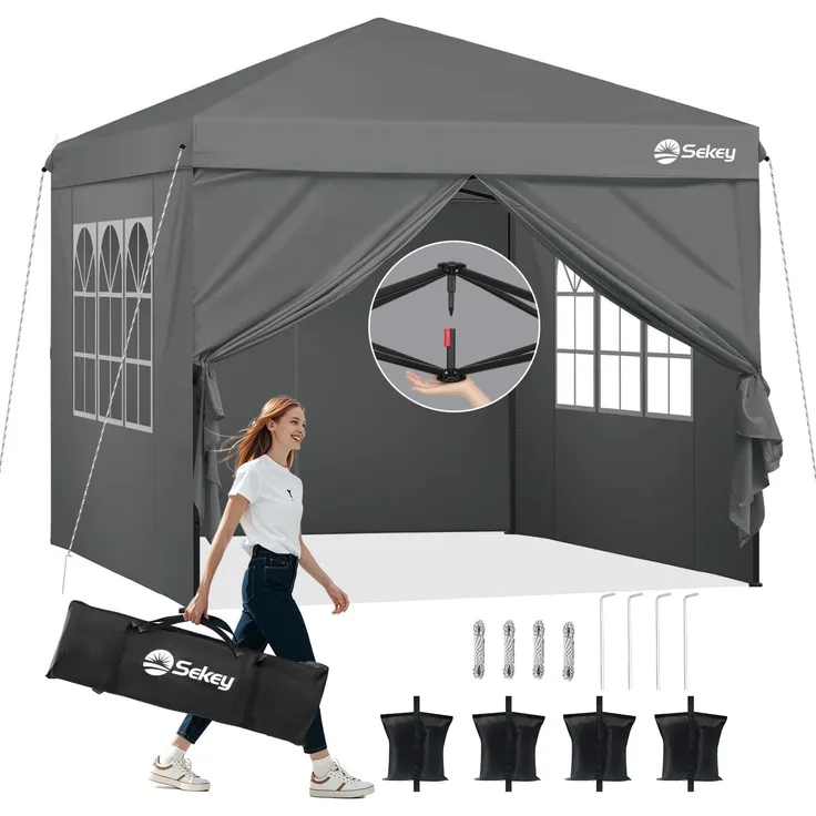 Pop Up Pavillon 3x3m mit 4 Seitenteilen, Wasserdicht Stabil Winterfest, Faltbar, Grau