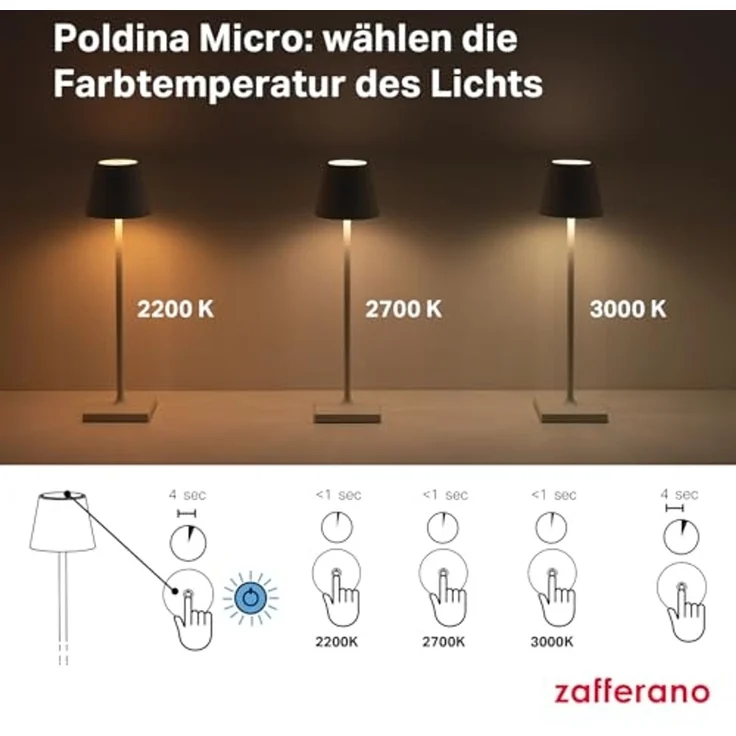 Zafferano, Poldina Micro Lampe, Kabellose, Wiederaufladbare Tischlampe mit Touch Control, Geeignet für Wohnzimmer und Außenbereich, Dimmer, 2200-3000 K, Höhe 27,5 cm, Farbe Gelbgrün – Bild 7