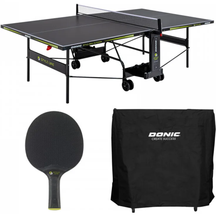 Donic Outdoor Tischtennisplatte Style 800, wetterfest mit Zubehör inkl. 2 Schlägern und 6 Bällen, grau-lime-weiß