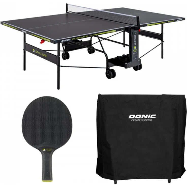 Donic Outdoor Tischtennisplatte Style 800, wetterfest mit Zubehör inkl. 2 Schlägern und 6 Bällen, grau-lime-weiß