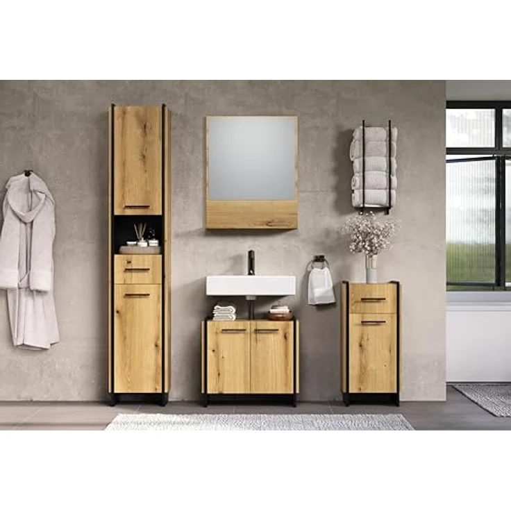 trendteam smart living - Safiya - Waschbeckenunterschrank - Eiche/Schwarz - Waschtisch mit 2 Türen und 1 Einlegeboden - (BxHxT) 60 x 56 x 34 cm - Schwarze Metallgriffe – Bild 5