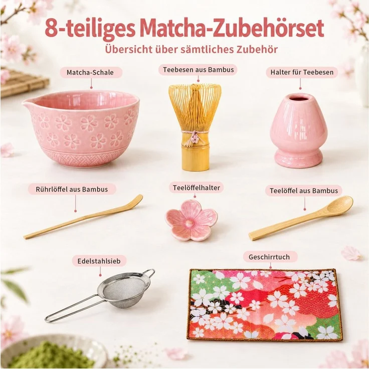 PFCTART Teeservice Matcha Set mit Pulver, Matcha Besen & Matcha Schale, 8-teilig (8-tlg), Bambus, Keramik, Baumwolle, Matcha Tee Set: Keramik-Schale, Besen, Keramikhalter, Bambuslöffel – Bild 2