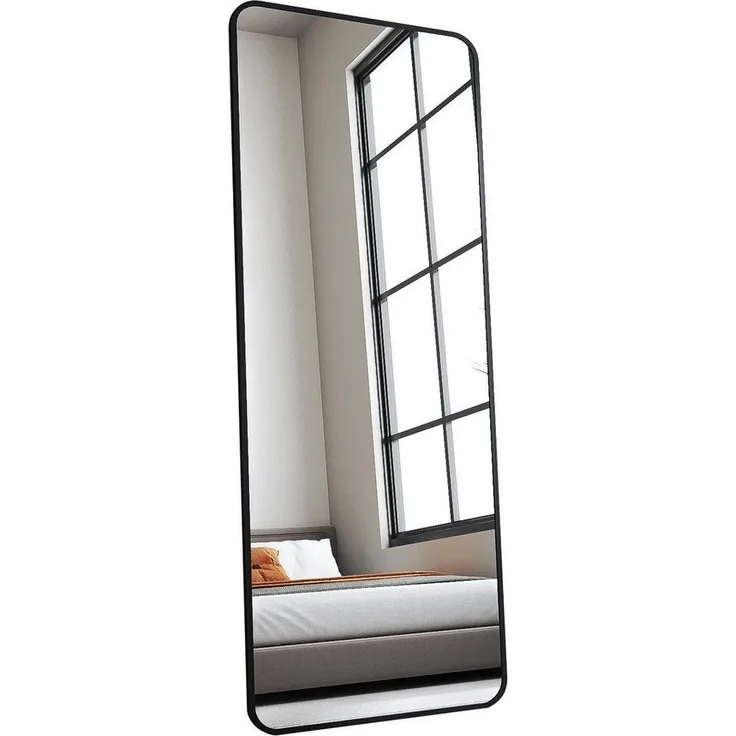 Hopibath Standspiegel 180 cm hoch Bogen Ganzkörperspiegel 180x80 cm (Flurspiegel Extra groß Schwarz, 1-St, mit Alurahmen), Metall Haken, 5mm HD Glas, für Wohnzimmer Schlafzimmer